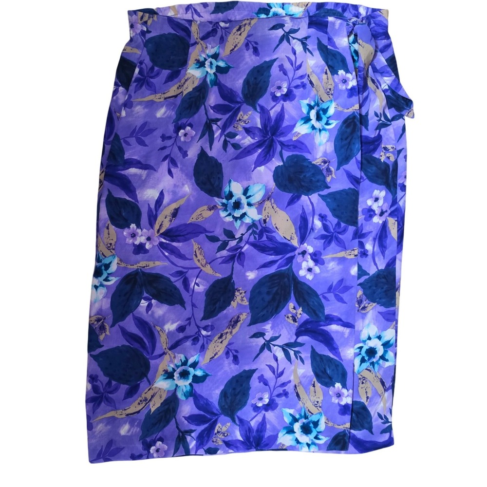 Alfred Dunner Silk Wrap Skirt Purple Blue Floral Print Midi Side Tie Womens 14